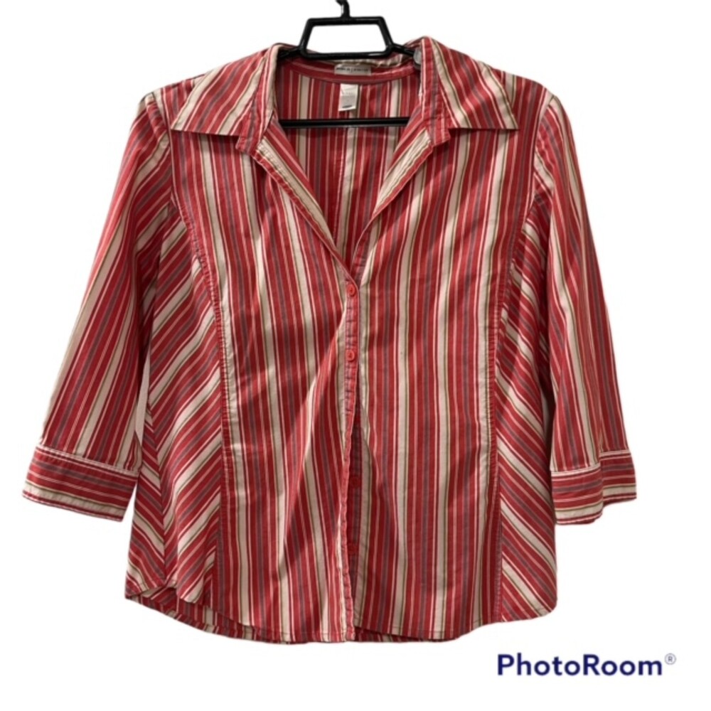 Vintage Y2K Old Navy Perfect Fit Womens L Coral Striped Stretch Button Shirt
